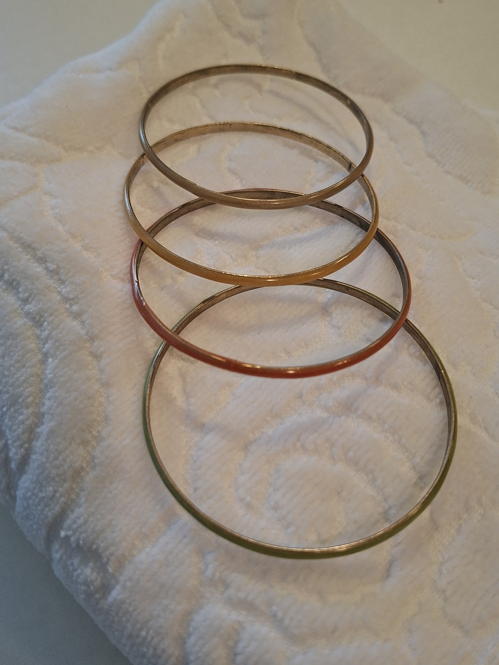 Set of Four Vintage Thin Enamel Bangle Bracelets — Green, Gold, Orange And Beige - Picture 3 of 4